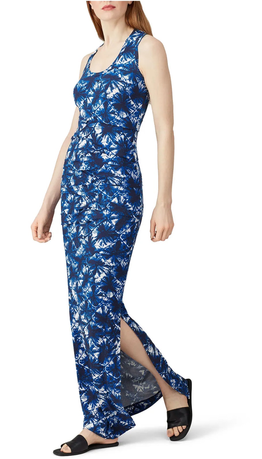 Nicole Miller Blue Tropical Maxi Tank Dress Small Ruched Vacation Designer $345